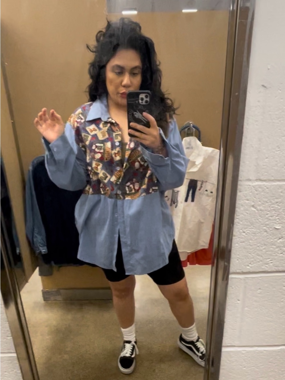 Light Blue women’s Button-Up Shirt with Holiday Print Yoke